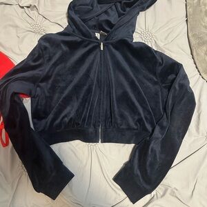 Navy Blue Velvet Cropped Hoodie